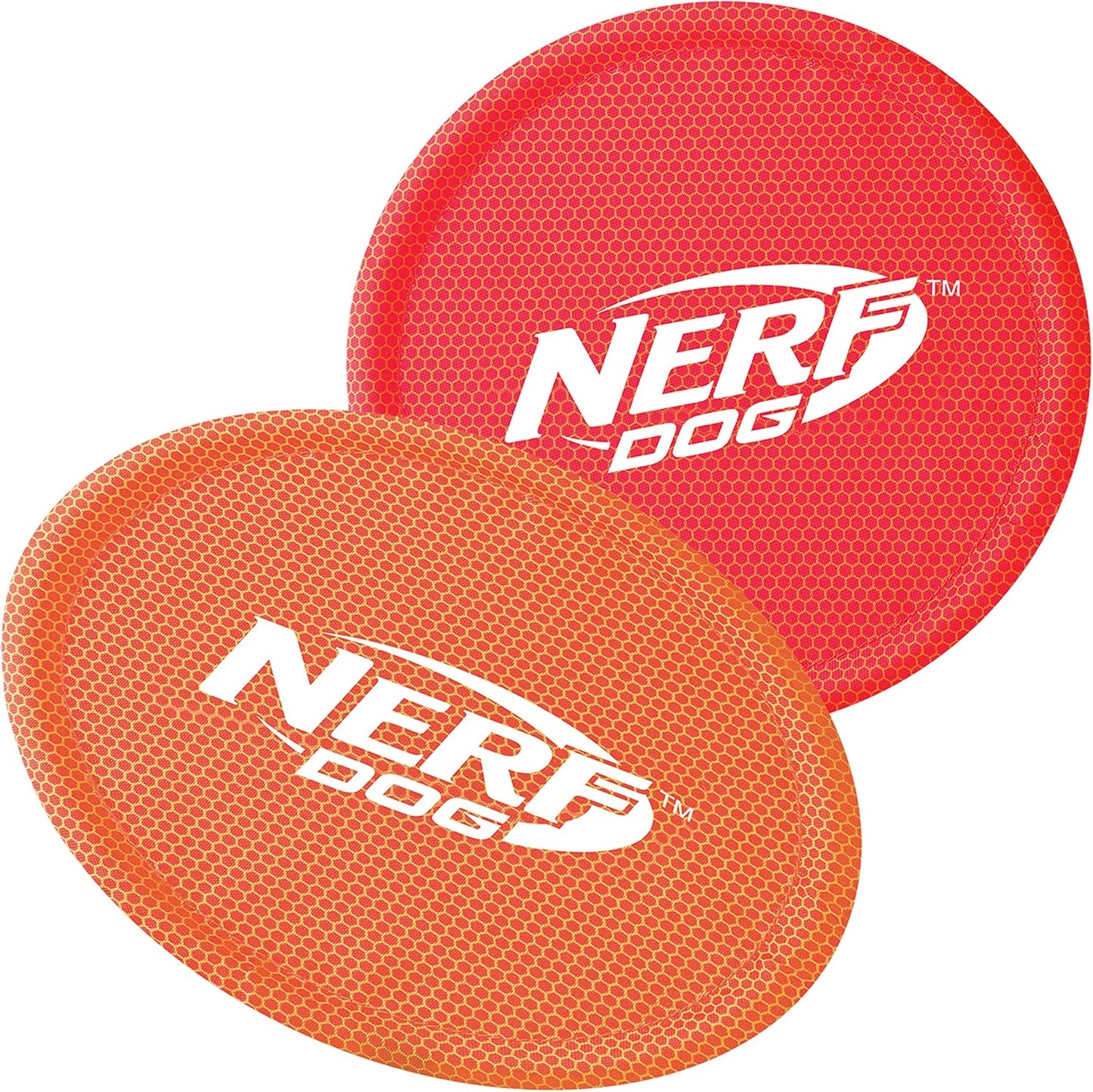 Nerf Dog Nylon Flyer Dog Toy, Flying Disc, Lightweight, Durable and Water Resistant, Great for Beach and Pool, 9 inch Diameter, for Medium/Large Breeds, Two Pack, Orange and Red (8959)