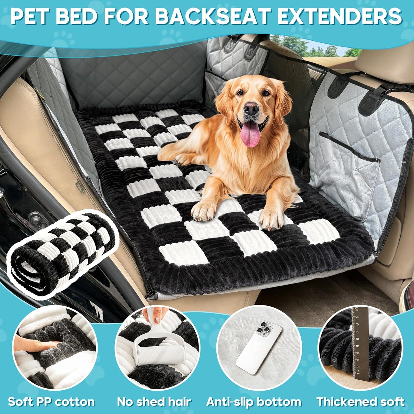 Dog Car Bed Mat, Non-Slip Backseat Extender Pet Blanket, Plaid Dog Bed for SUVs, Sedans & Trucks, Chew-Resistant Travel Pad for Dogs, Easy Clean & Scratch-Proof & Comfort (50"x24.6")