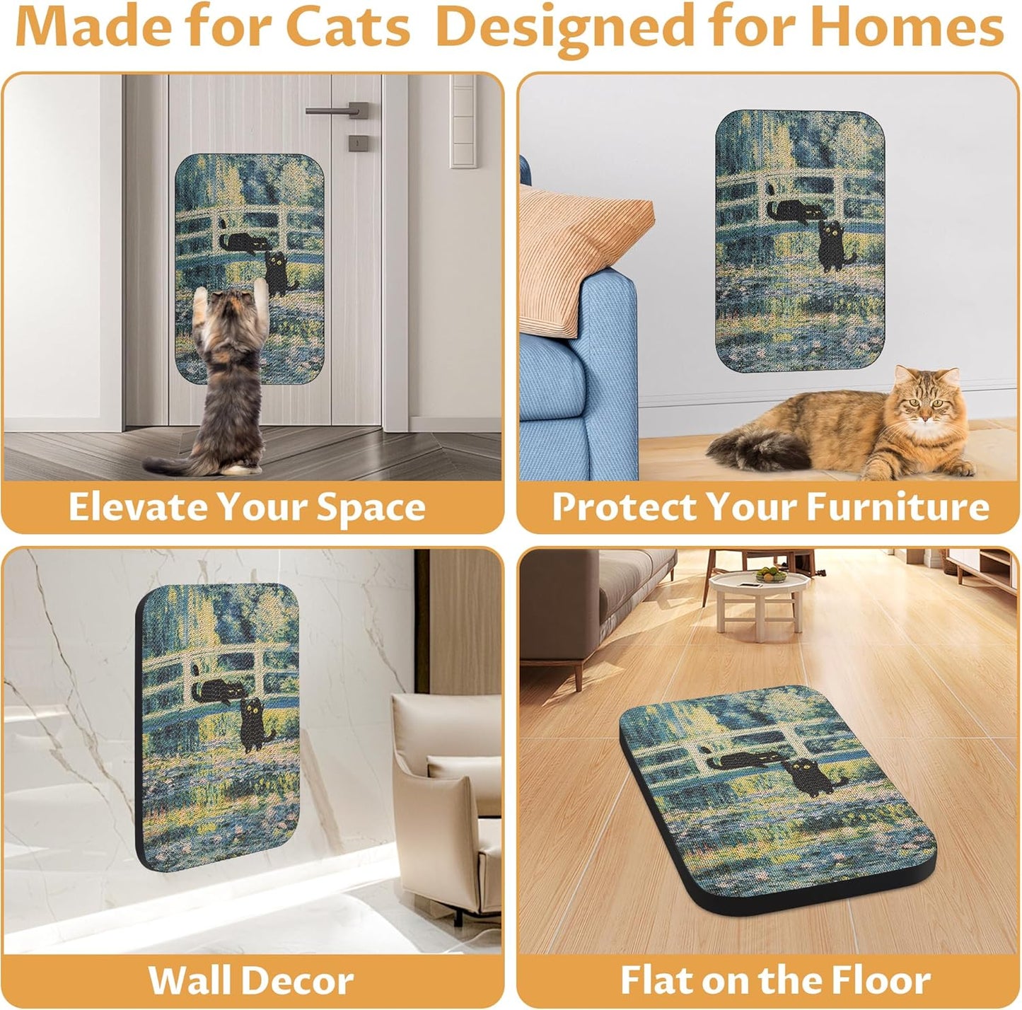 Art Cat Scratcher, Wall-Mountable Cat Scratching Board, Cat Wall Scratcher 16.7x11x1 Inch Cat Scratch Pad and Cat Scratchers for Indoor Cats Toy Furniture Protector（Lily Pond Bridge）