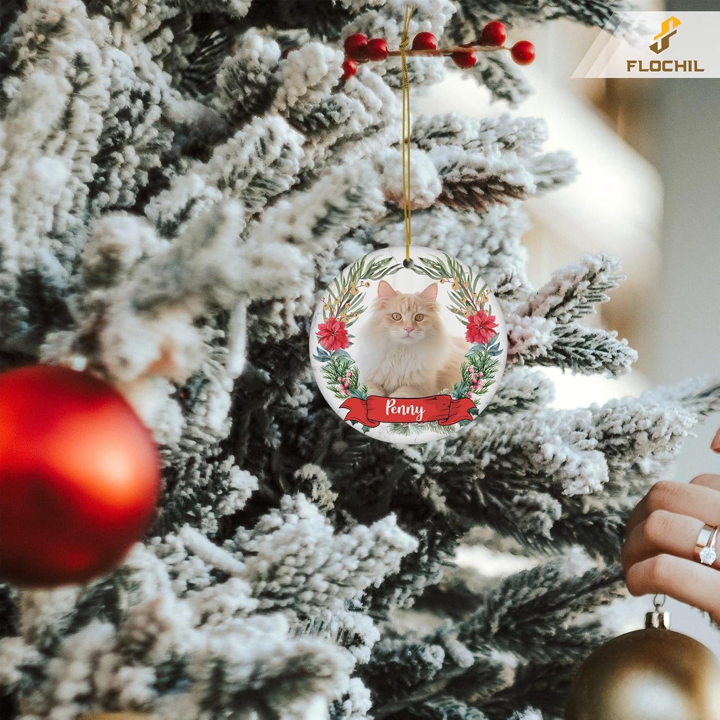 FLOCHIL Personalized Cat Christmas Ornaments Custom Photo Name for Christmas Trees, Cat First Christmas Ornaments, Gifts for Pet Lovers