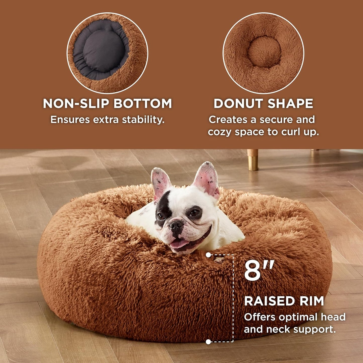 Bedsure Calming Dog Bed for Small Dogs - Donut Washable Small Pet Bed, 23 inches Anti-Slip Round Fluffy Plush Faux Fur Large Cat Bed, Fits up to 25 lbs Pets, Copper