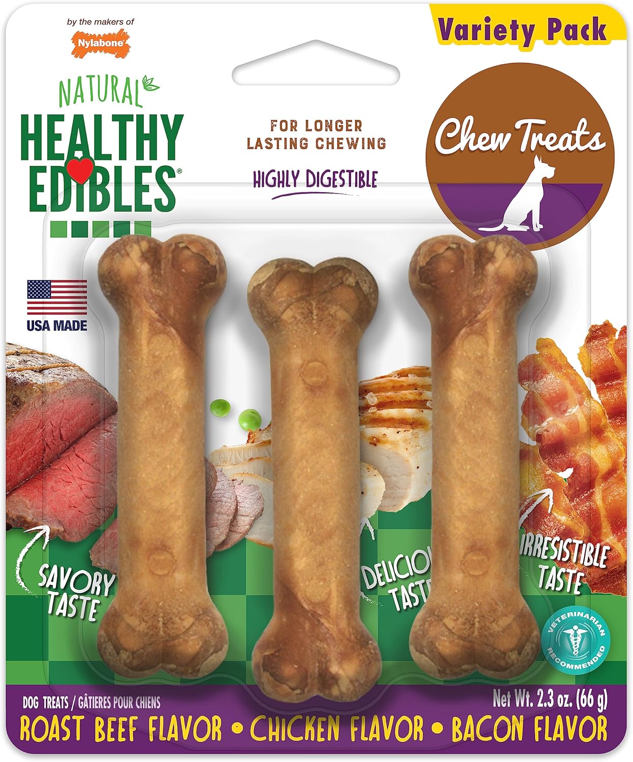 Nylabone Healthy Edibles Natural Dog Chews Long Lasting Chew Treats for Dogs, Roast Beef & Chicken Flavor, X-Small/Petite (3 Count)