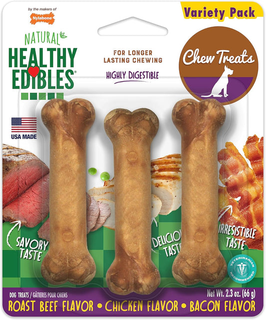 Nylabone Healthy Edibles Natural Dog Chews Long Lasting Chew Treats for Dogs, Roast Beef & Chicken Flavor, X-Small/Petite (3 Count)