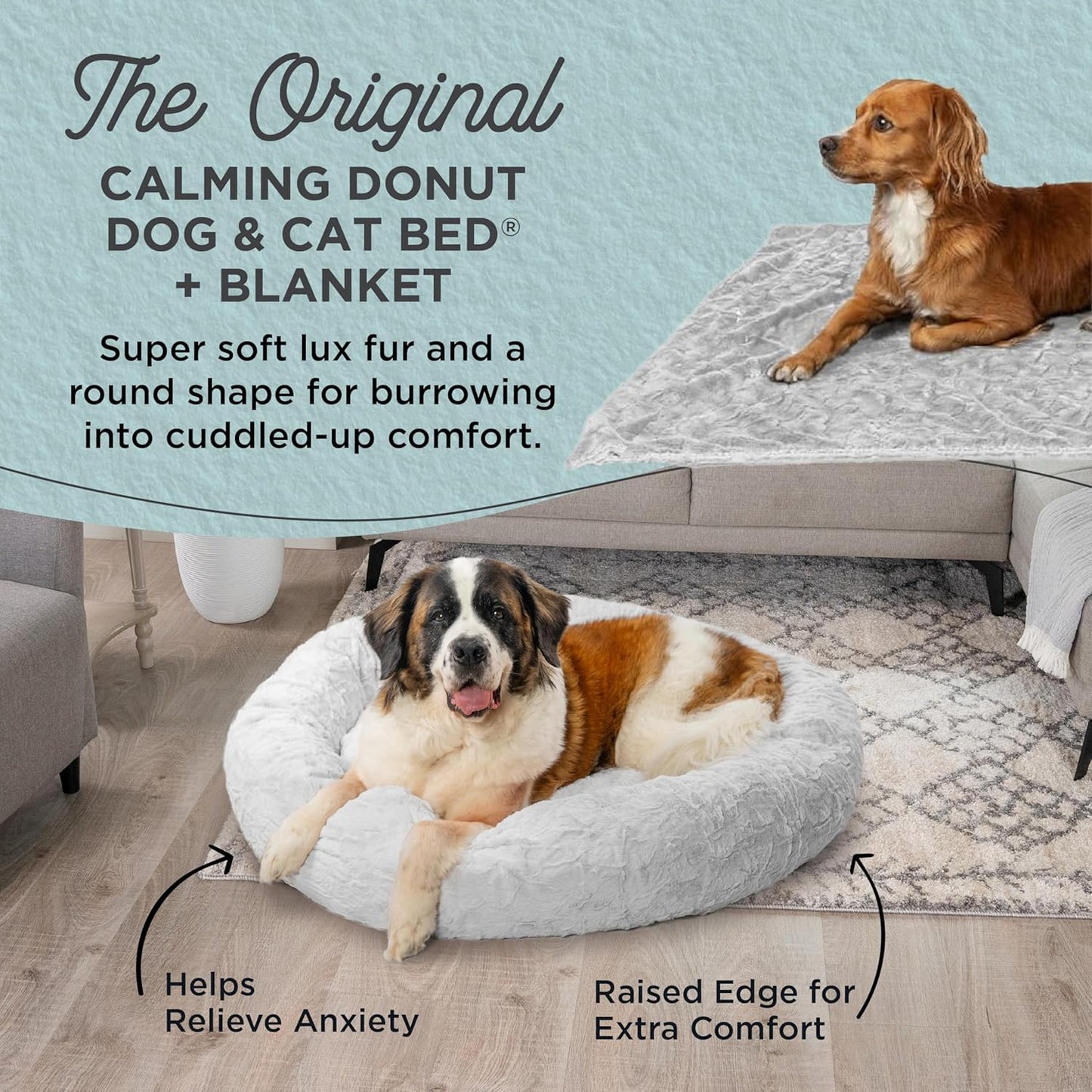 Best Friends by Sheri Bundle Set The Original Calming Lux Donut Cuddler Cat and Dog Bed + Pet Throw Blanket, Gray, Extra Large, 45x45