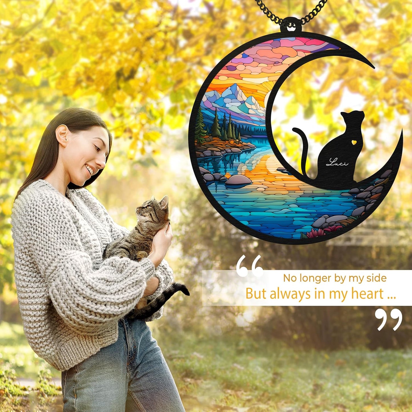 6'' DIY Cat on Moon Memorial Suncatcher, Personalized Name Cat Sympathy Ornament Window Hanging, Ideas Gift for Loss of Pet Passing Away, Remembrance Keepsake for Pet Lovers SCC-B2-6-03