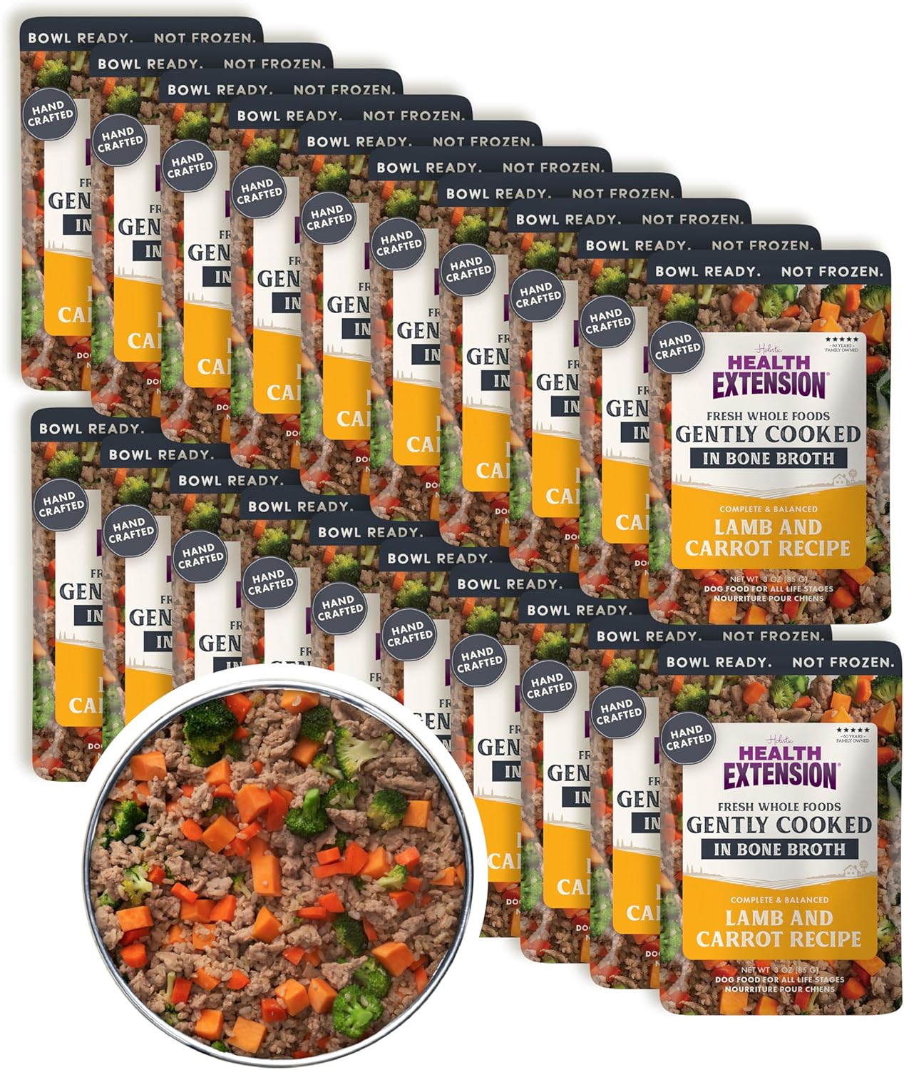 Health Extension Gently Cooked Lamb & Carrot Dog Food, Human-Grade & Shelf-Stable with Superfoods, Supports Digestion, Immunity, Skin & Coat, 3 oz Pouch (Pack of 20)