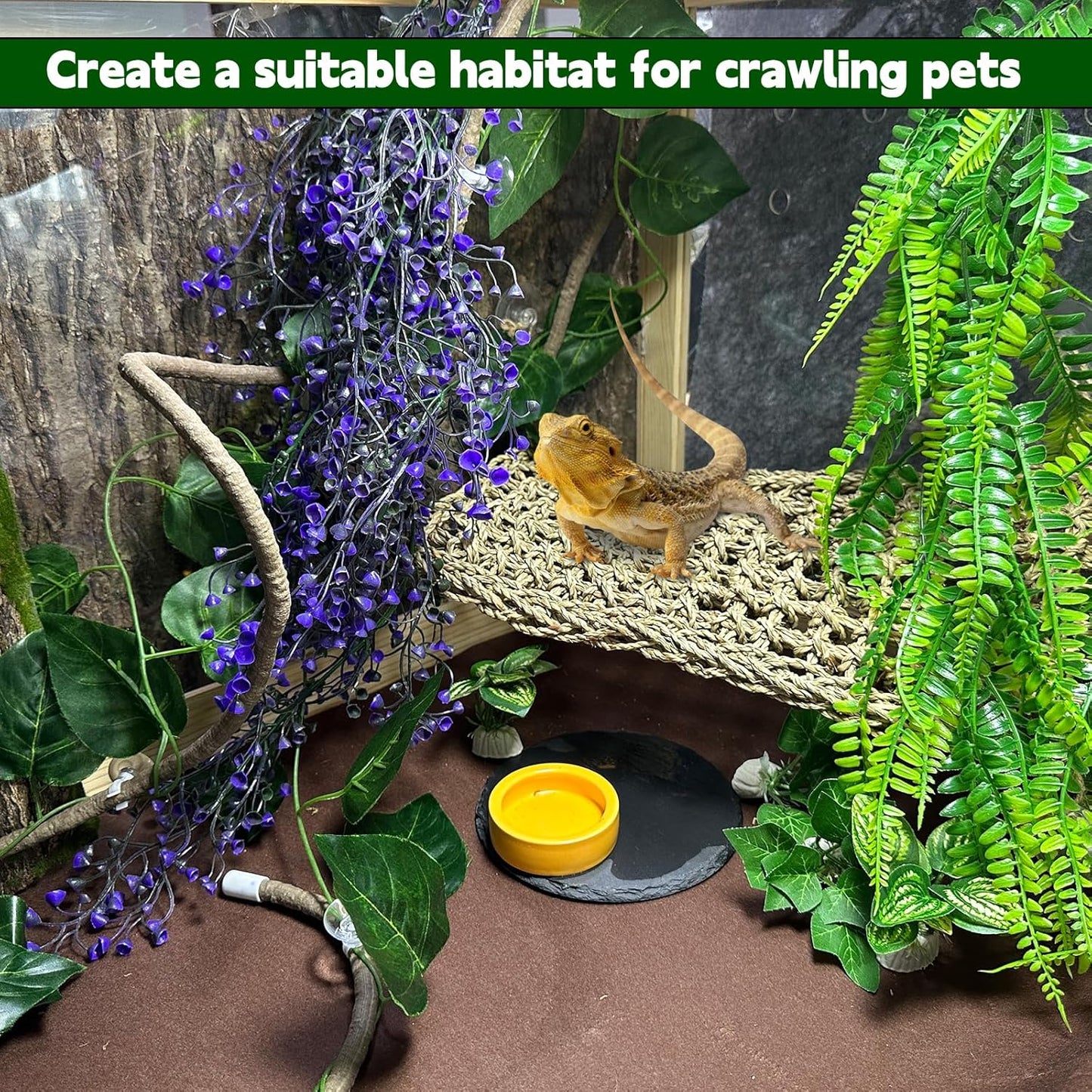 8PCS Bearded Dragon Hammock Reptile Basking Platform Rock Reptile Artificial Plants Leaves & Vines Lizard Habitat Decor Terrarium Tank Accessories for Hiding & Climbing Snake Gecko Bird Chameleon