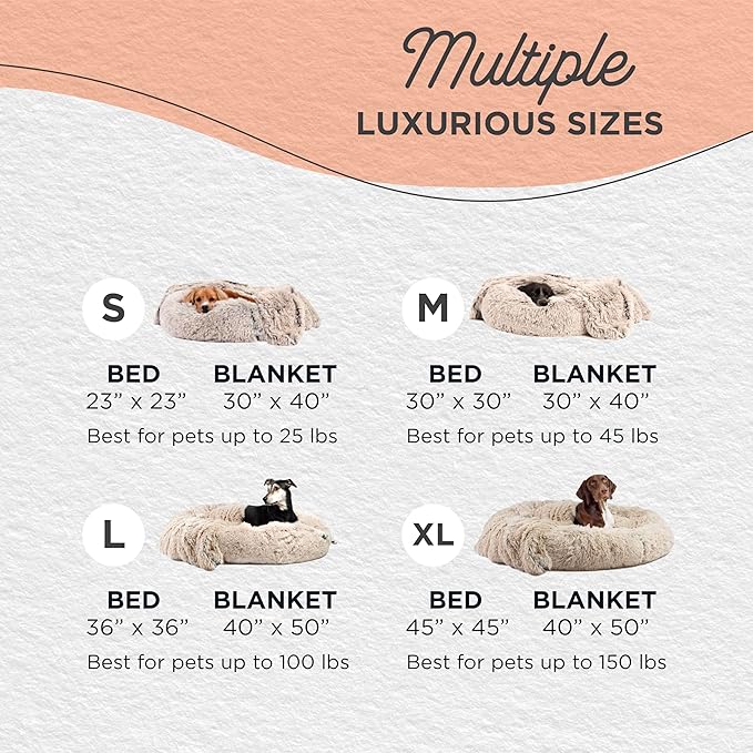 Best Friends by Sheri Bundle Set The Original Calming Shag Donut Cuddler Cat and Dog Bed + Pet Throw Blanket, Taupe, Extra Large, 45x45