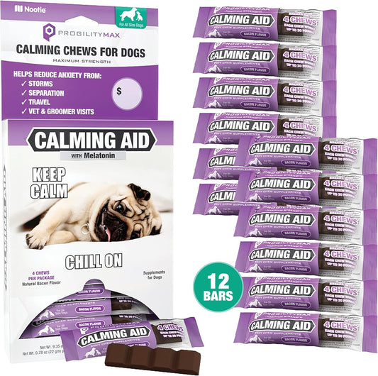 Nootie ProgilityMAX Calming Aid Chews for Dogs, Maximum Strength Calming Support for Dogs with Melatonin, 12 Single-Serve Bars, 4 Chews Per Bar