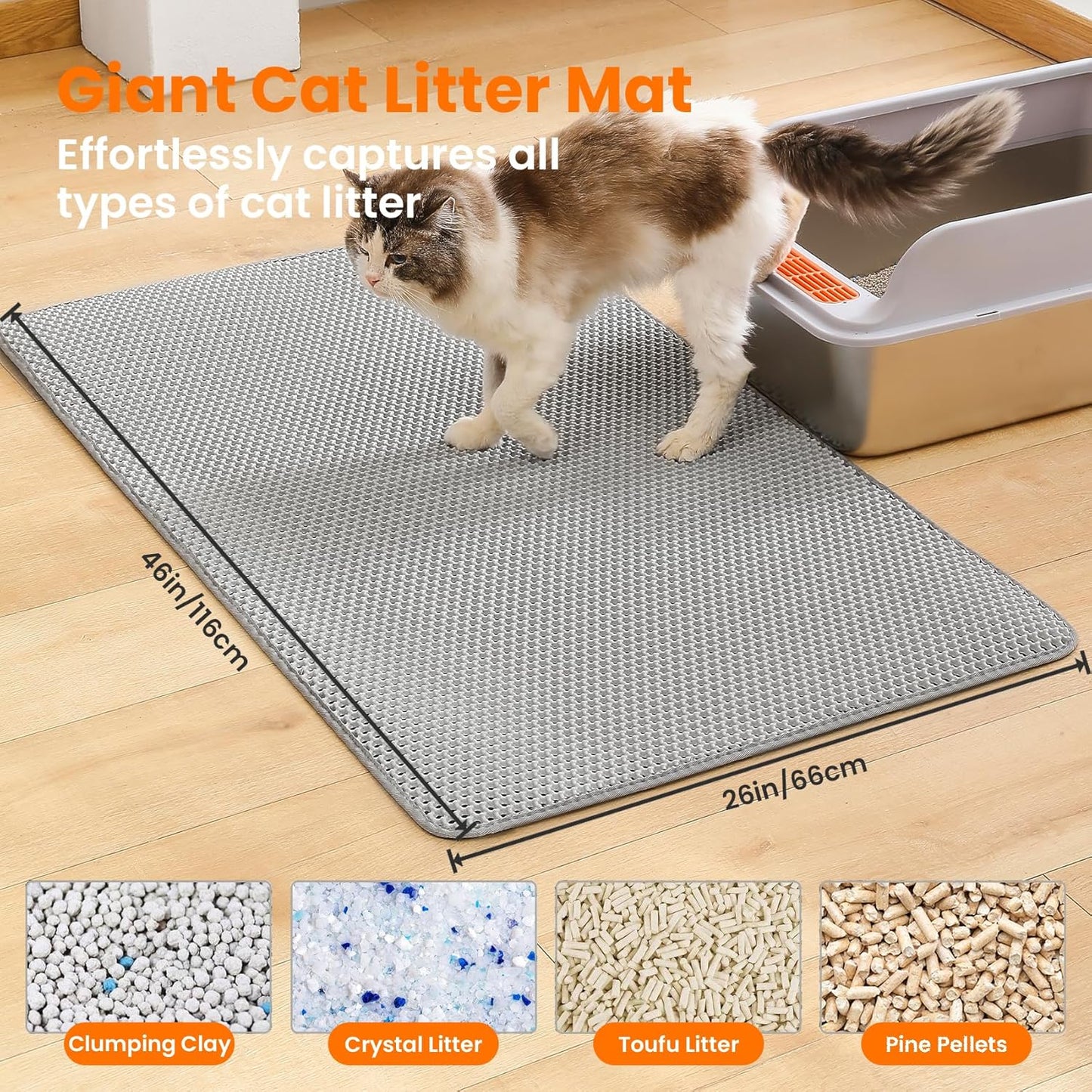 Jumbo Cat Litter Mat, 46x26 Inches Double Layer Honeycomb Litter Trapping Mat, Non Slip Waterproof Urine Proof Extra Large Cat Litter Box Mat, Kitten Supplies and Essentials, XXL, Gray