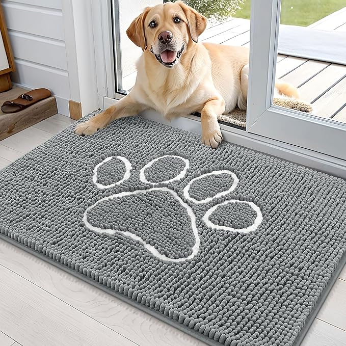 OLANLY Door Mat for Muddy Dog Paws 36x24, Absorbent Chenille Mud Doormat with Paw Print Design, Non-Slip Washable Doormat for Indoor Entryway, Quick-Dry Pet Bed Mats for Dirty Dogs, Grey and White