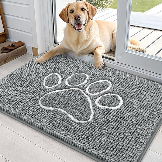 OLANLY Door Mat for Muddy Dog Paws 36x24, Absorbent Chenille Mud Doormat with Paw Print Design, Non-Slip Washable Doormat for Indoor Entryway, Quick-Dry Pet Bed Mats for Dirty Dogs, Grey and White