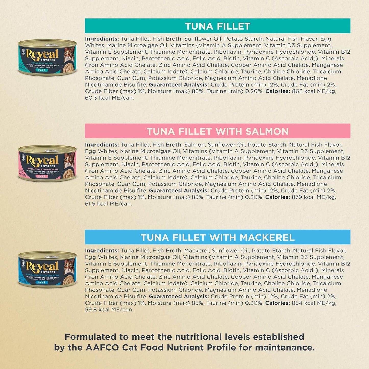 Reveal Entrées Natural Wet Cat Food Paté, Grain-Free with Added Vitamins & Minerals, Carrageenan-Free Protein, Fish Variety Selection Paté (12 x 2.47 oz Cans)