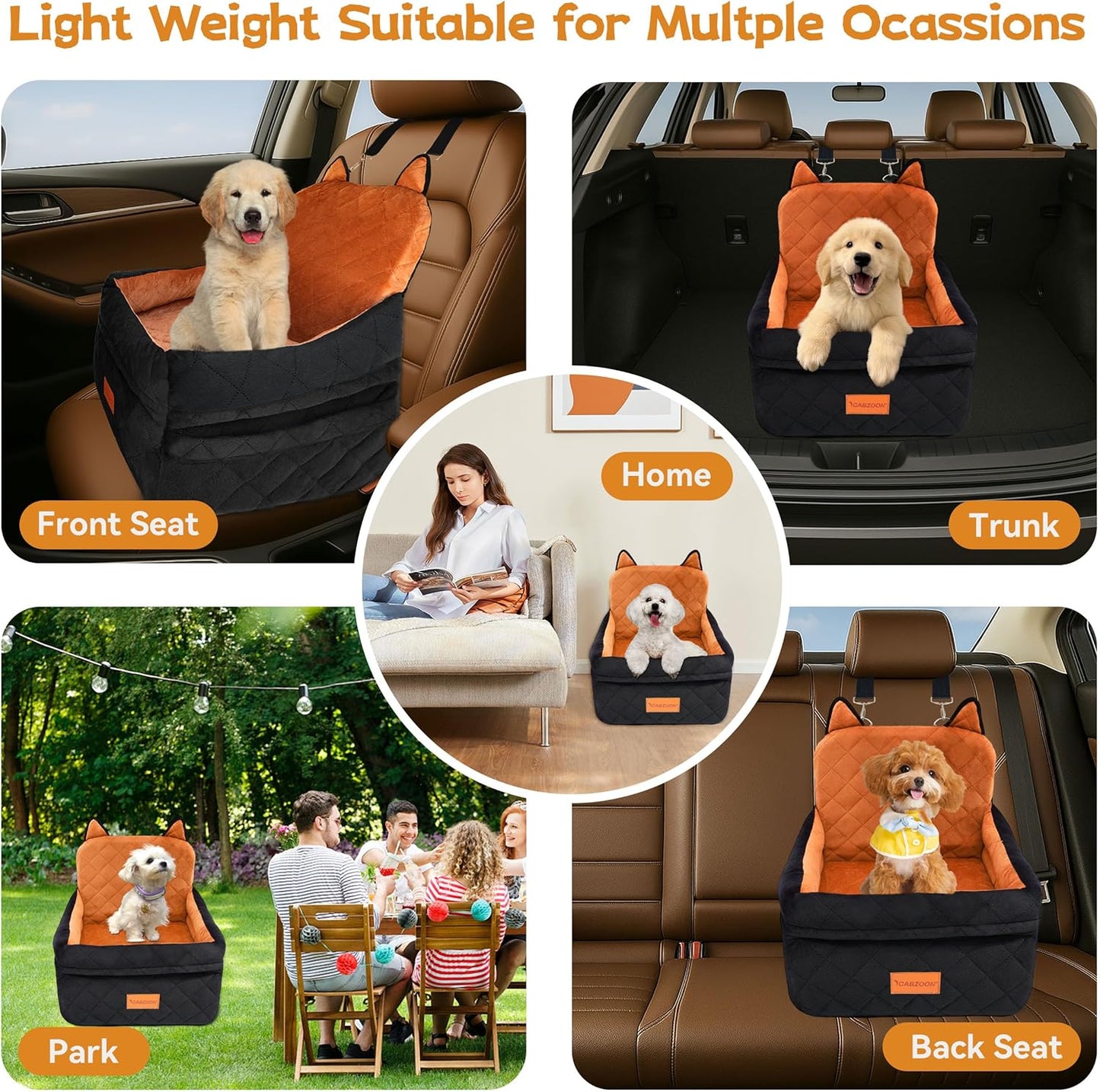 Dog Car Seat for Small/Medium Dogs Up to 35lbs,Elevated Cushion Fits in Front/Back Seat,Travel Safety Per Car Bed with Washable Removable Cover, Storage 2 Pockets Black-Orange