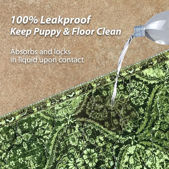 nunubaby Washable Pee Pads for Dogs, Stylish, Non-Slip and Leak-Proof Pee Pads. Reusable Potty Pads for Dogs for Crates and Floors.(Green/Multi, 24" x48")