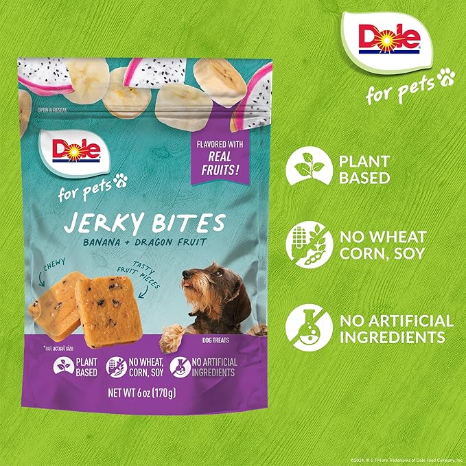 Dole for Pets Fruit Jerky Bites Dog Treats, Banana and Dragon Fruit, 6oz | Flavored with Real Fruits, No Wheat, Corn, Soy, Artificial Flavors, Colors, or Preservatives
