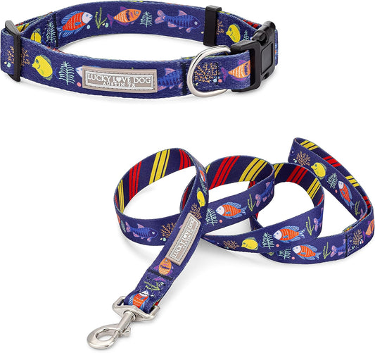 Lucky Love Dog - Easy Click Buckle Dog Collar with Leash Set Combo, Durable & Comfortable for Male & Female Dogs, Pet Collar for Small to Large Dogs, Secure Fit - Mackey Combo, Medium