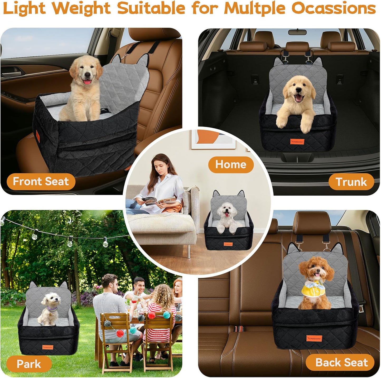 Dog Car Seat for Small/Medium Dogs Up to 35lbs,Elevated Cushion Fits in Front/Back Seat,Travel Safety Per Car Bed with Washable Removable Cover, Storage 2 Pockets Black-Grey