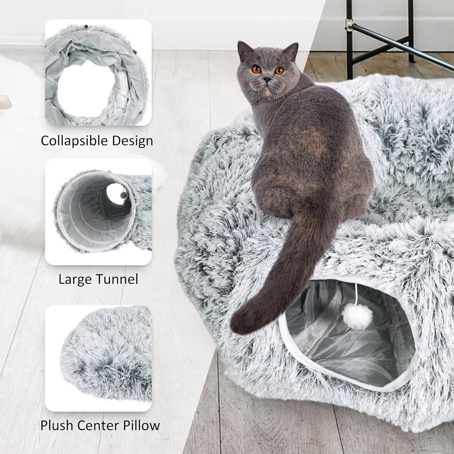Cat Donut Bed with Washable Cushion – Cat Caves for Indoor Cats – Collapsible Donut Bed with Peekaboo Pet Tunnel Toy – Cozy Hideout for Kittens, Ferrets, Rabbits & Dogs - Grey