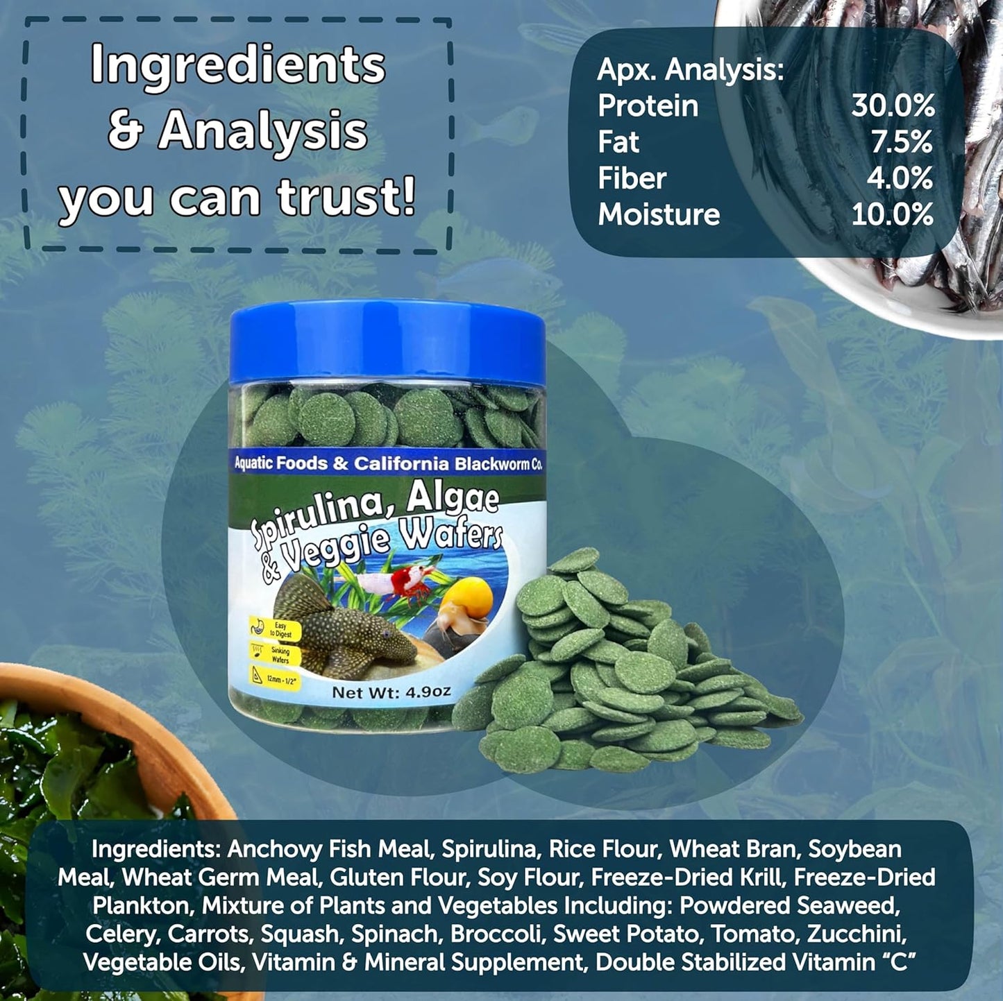Aquatic Foods Inc. 12mm - 1/2" Small Sinking Wafers of Spirulina, Algae & Veggies for Plecos, Catfish, Shrimp, Snails, Crabs, Crayfish, 12-Type Pellet Mix & 4-Type Wafer Mix Included..4.9oz Canister