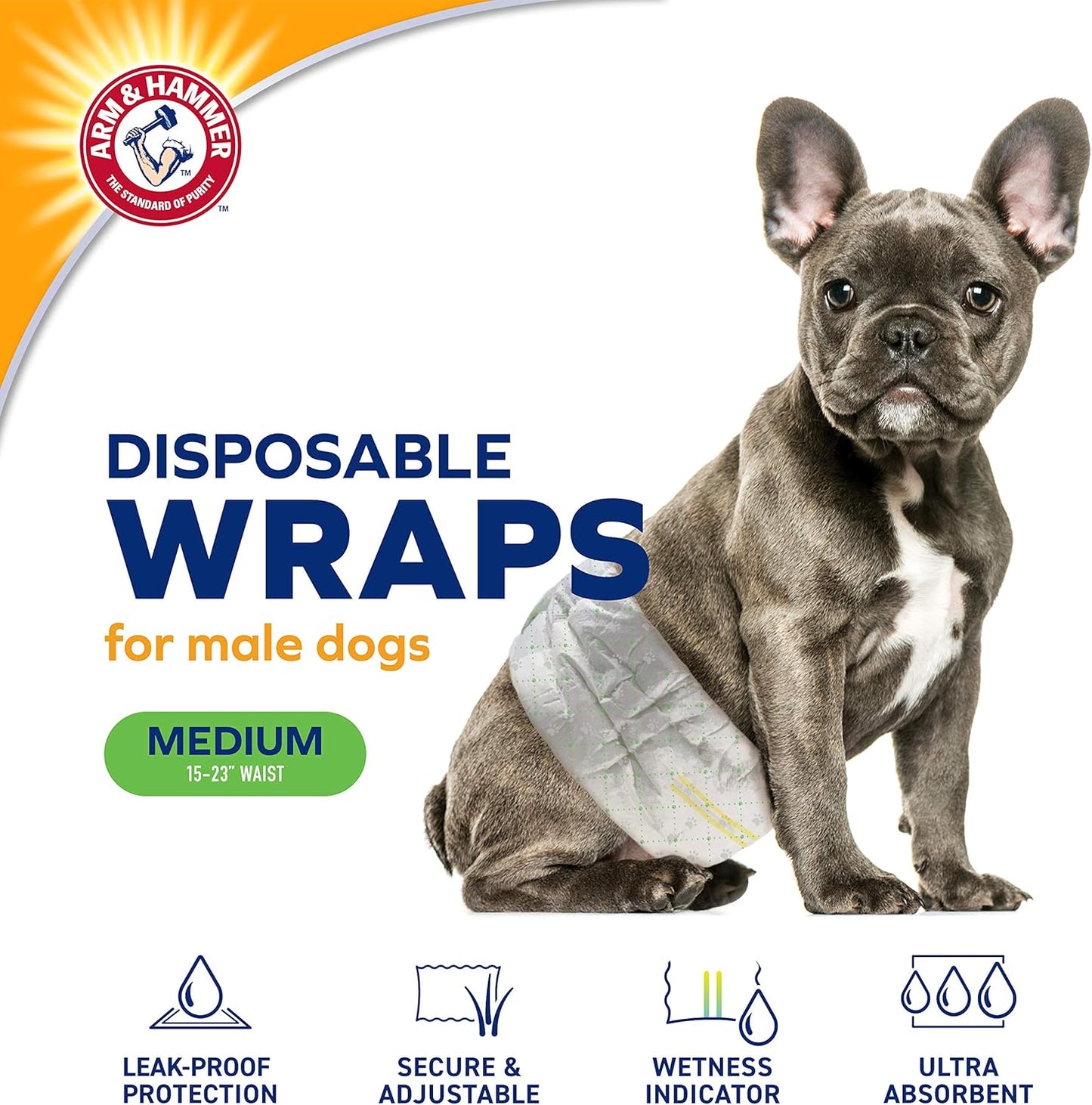 Arm & Hammer For Pets Male Dog Wraps, Medium 12 Ct | Ultra-Absorbent, Adjustable Male Dog Diapers with Leak-Proof Protection & Wetness Indicator | Arm & Hammer Baking Soda Enhanced for Odor Control
