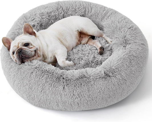 Bedsure Calming Dog Bed for Small Dogs - Donut Washable Small Pet Bed, 23 inches Anti-Slip Round Fluffy Plush Faux Fur Large Cat Bed, Fits up to 25 lbs Pets, Pale Grey
