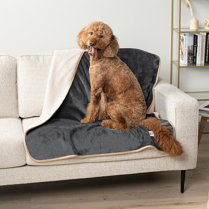 PetAmi Waterproof Dog Blanket for Extra Large Dogs, Pee Proof Pet Blanket for Bed Couch, Reversible Water Proof Blanket for Puppy Indoor Cat, Soft Dog Crate Cover Washable, Queen 90x90 Gray/Beige