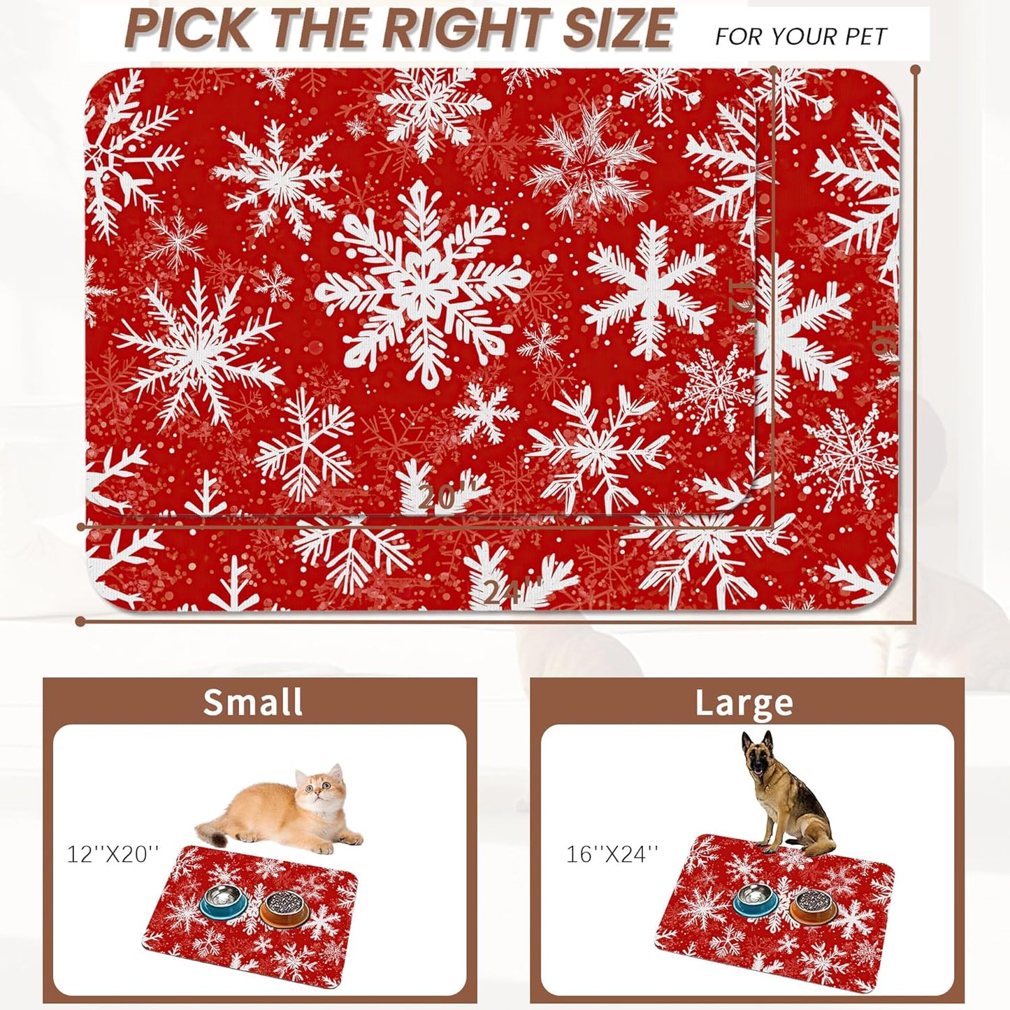 Christmas Dog Food Mat for Floors,Snowflake Absorbent Pet Food and Water Bowl Mats,Non-Slip Pet Feeding Mat,Pet Supplies 12" x 20"