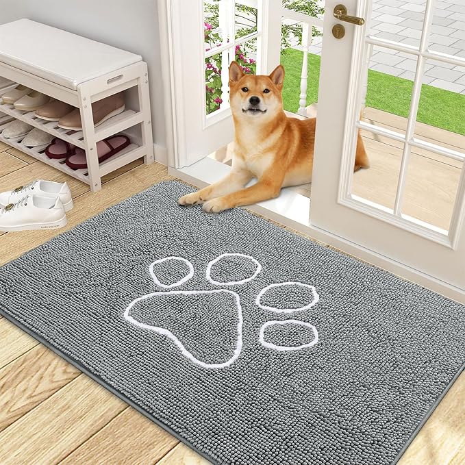 OLANLY Door Mat for Muddy Dog Paws 48x30, Absorbent Chenille Mud Doormat with Paw Print Design, Non-Slip Washable Doormat for Indoor Entryway, Quick-Dry Pet Bed Mats for Dirty Dogs, Grey and White