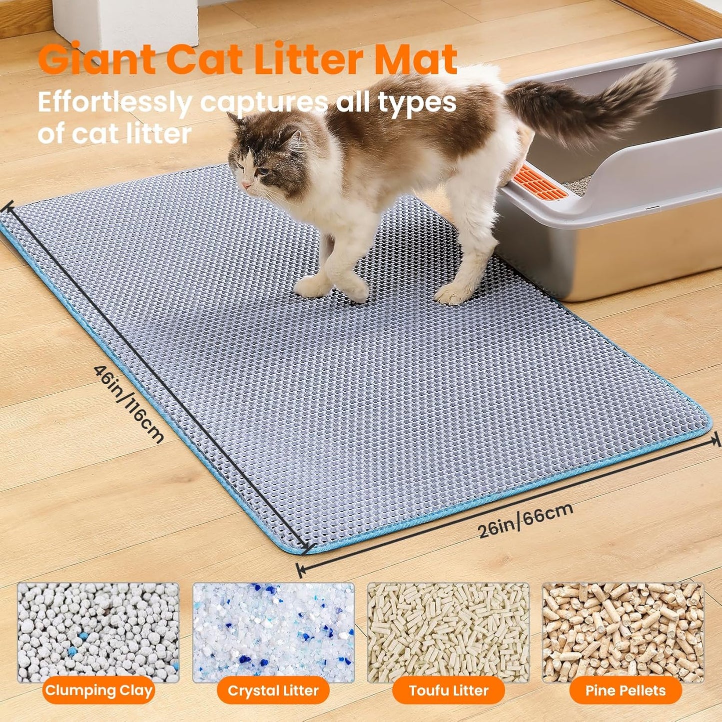Jumbo Cat Litter Mat, 46x26 Inches Double Layer Honeycomb Litter Trapping Mat, Non Slip Waterproof Urine Proof Extra Large Cat Litter Box Mat, Kitten Supplies and Essentials, XXL, Blue