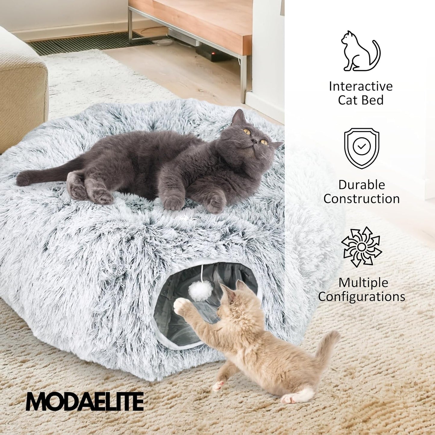Cat Donut Bed with Washable Cushion – Cat Caves for Indoor Cats – Collapsible Donut Bed with Peekaboo Pet Tunnel Toy – Cozy Hideout for Kittens, Ferrets, Rabbits & Dogs - Grey
