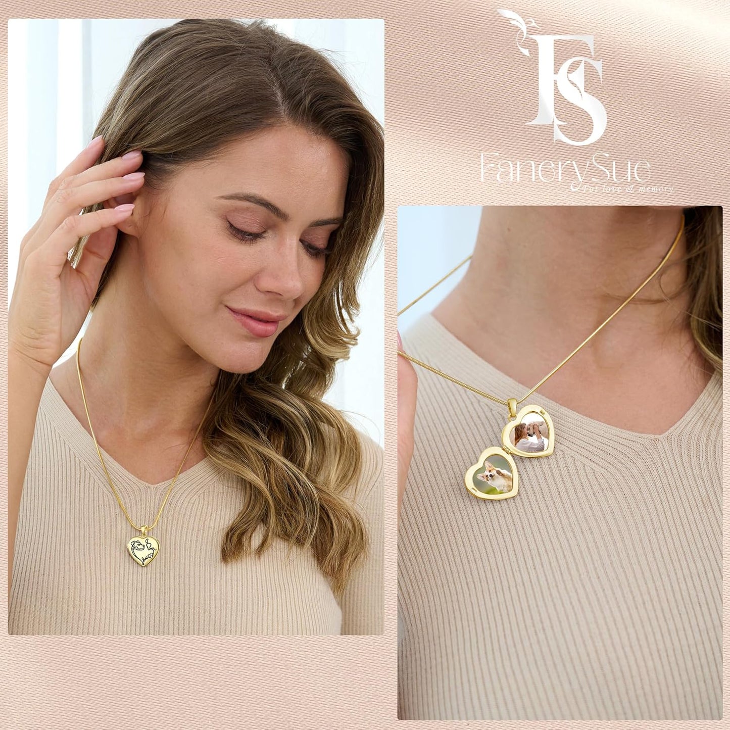 Fanery Sue Personalized Customized Pet Locket Necklace, Heart Lockets Picture Necklaces Dog Memorial Gifts Cat Sympathy for Women Men