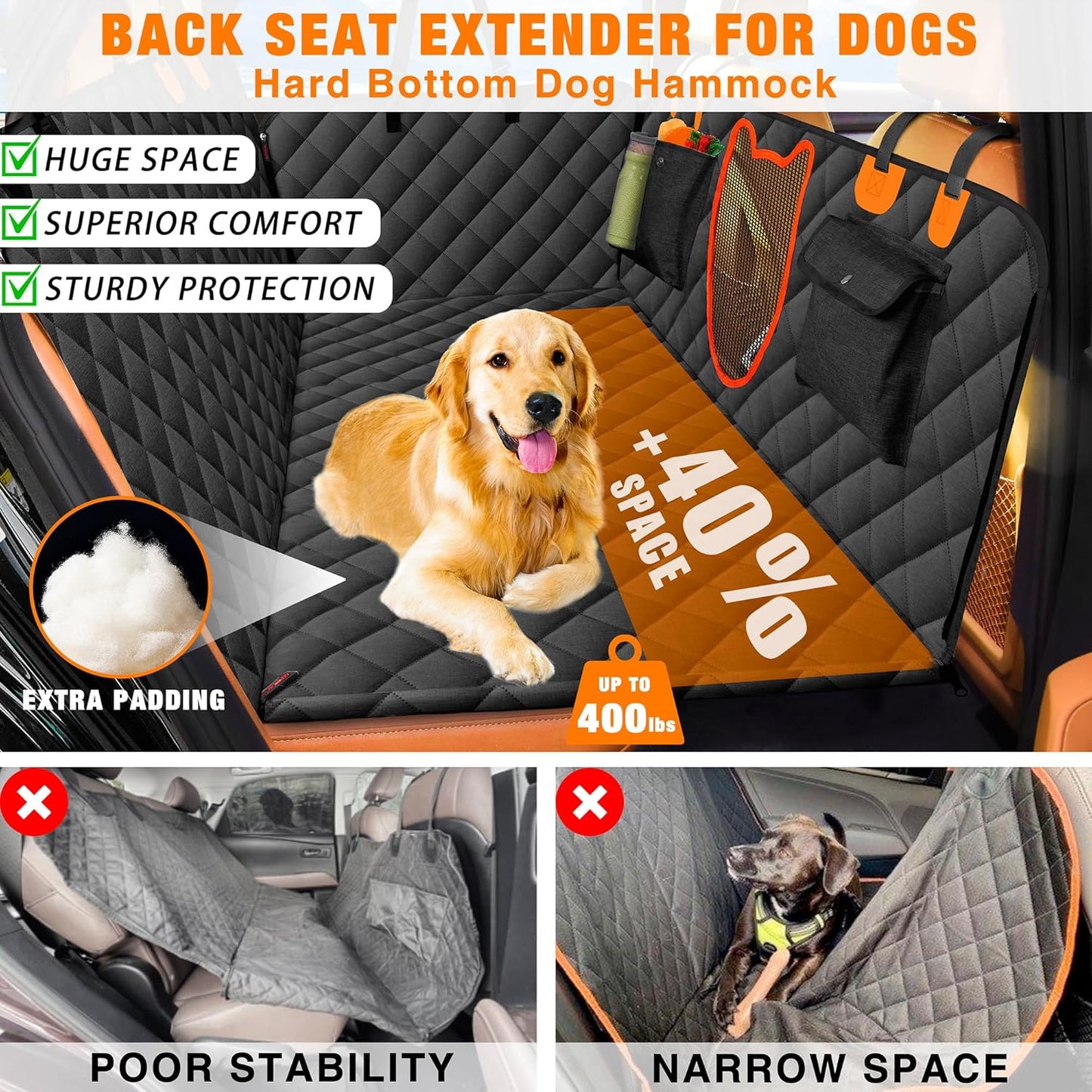 JXFUKAL Back Seat Extender for Dogs, Dog Car Seat Cover for Back Seat Waterproof Dog Hammock for Car with Hard Bottom Holds 400lbs, Pet Backseat Protector for Car, SUV & Truck