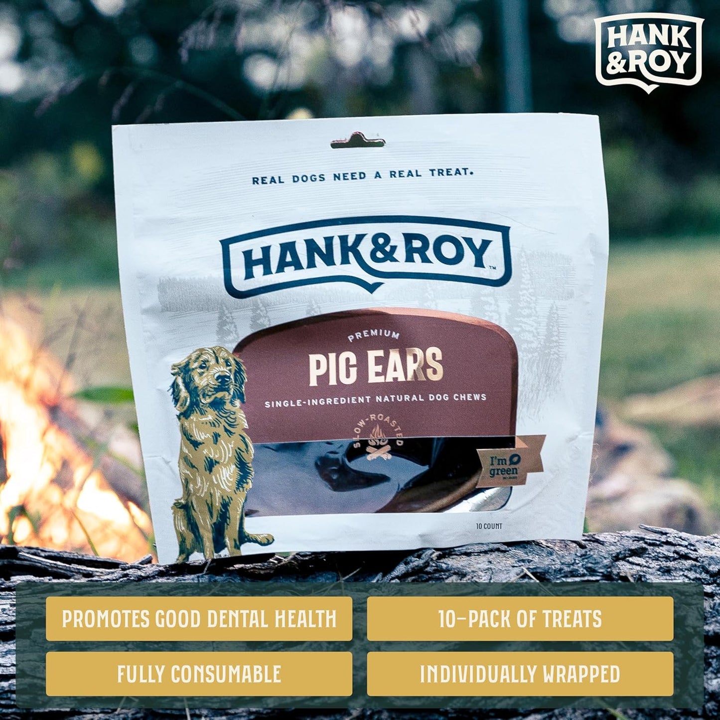 Hank & Roy Pig Ears for Dogs, All-Natural, Single-Ingredient, Long Lasting, Easily Digestible Whole Pig Ear Dog Treats, Antibiotic and Hormone Free, Individually Wrapped for Odor Control and Freshness
