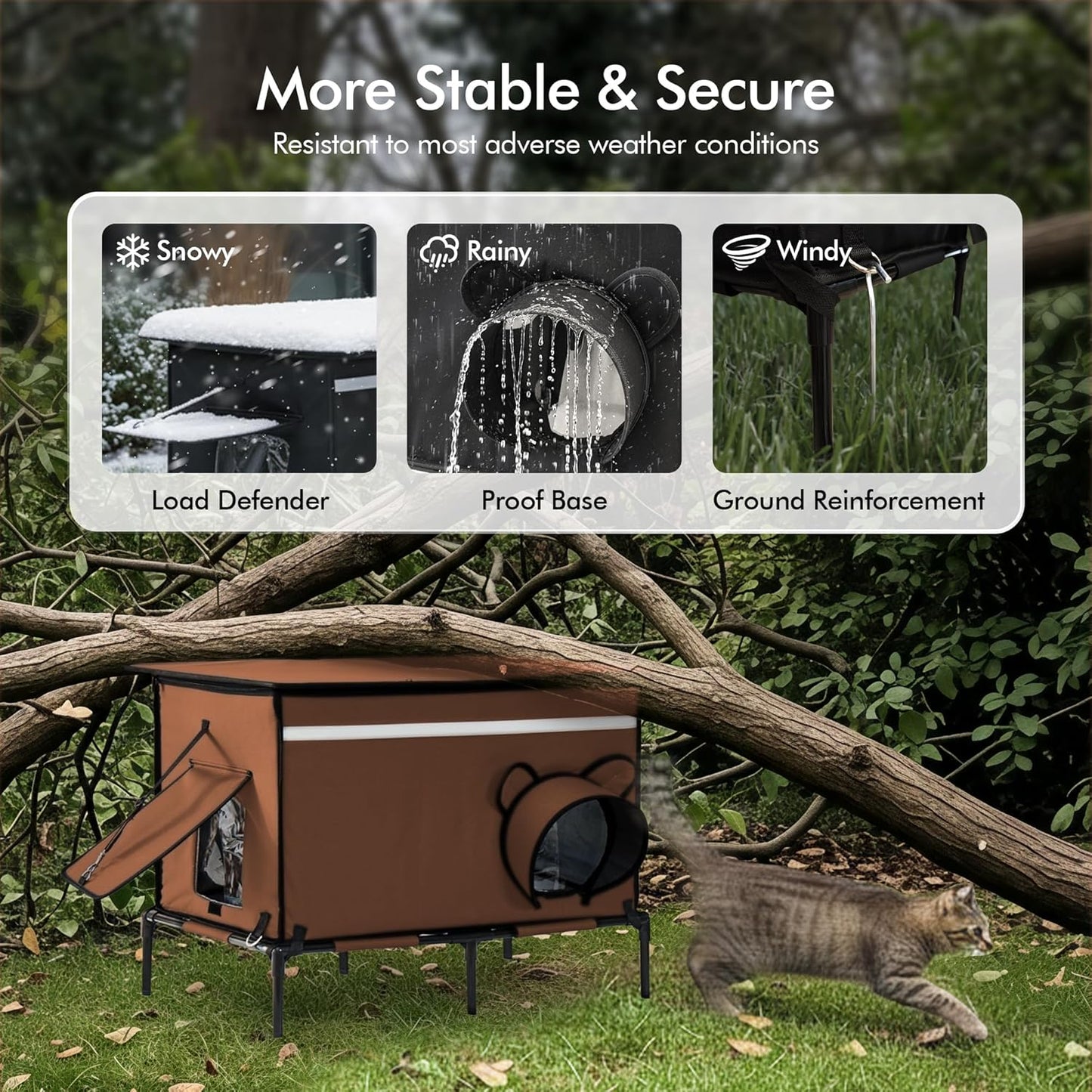 Heated Outdoor cat House for Outside, Weatherproof Insulated Feral Cat Shelter with Timer-Temp Control Heating Pad in Winter, Large Elevated Outdoor Cat House with Zipper, 2 Doors, Safety- Brown