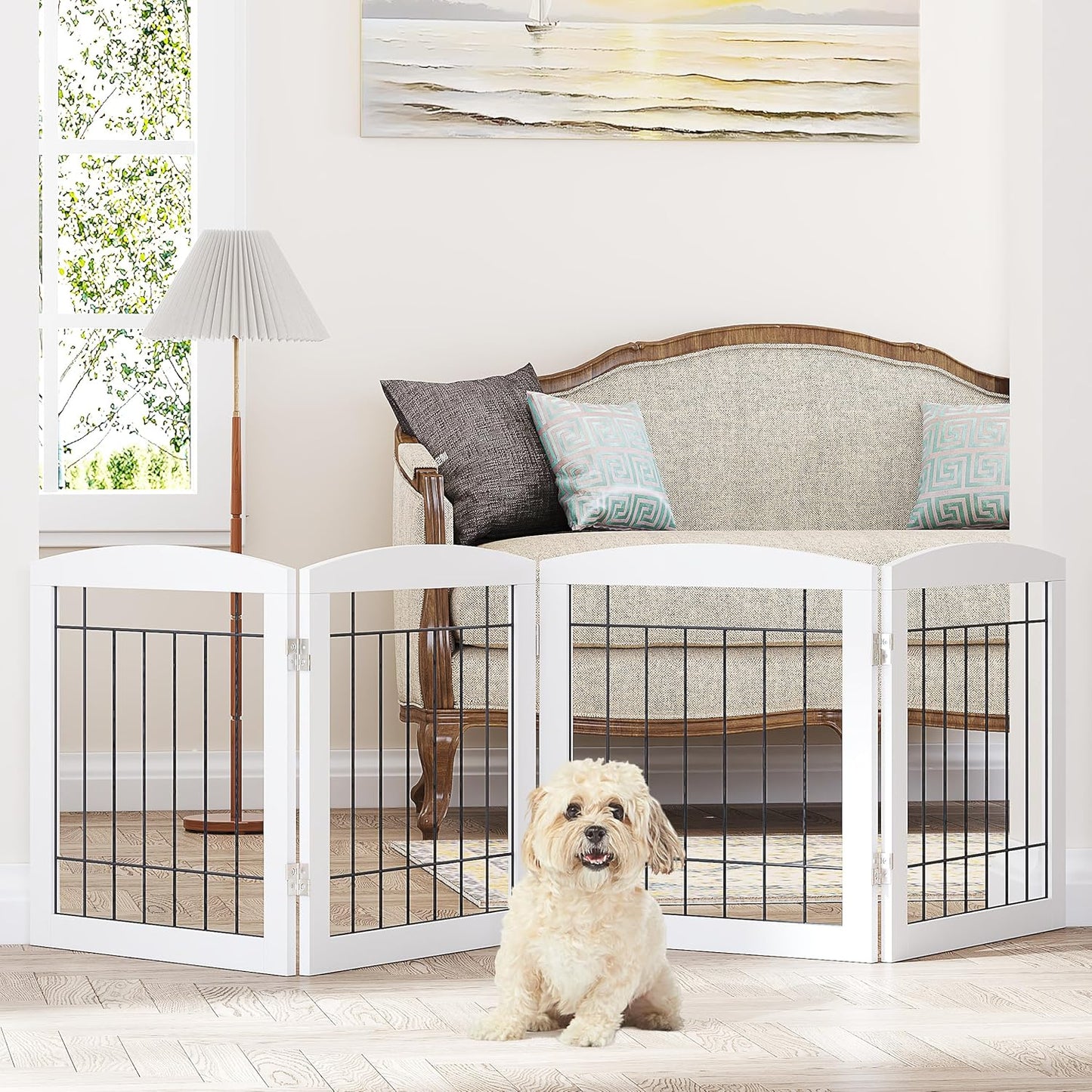 Dog Gate - 4 Panel Foldable Pet Gate Indoor for Doorways, House, Stairs, Freestanding Gate for Dogs - 80x24 -Inch Puppy Safety Fence by PAWLAND, White