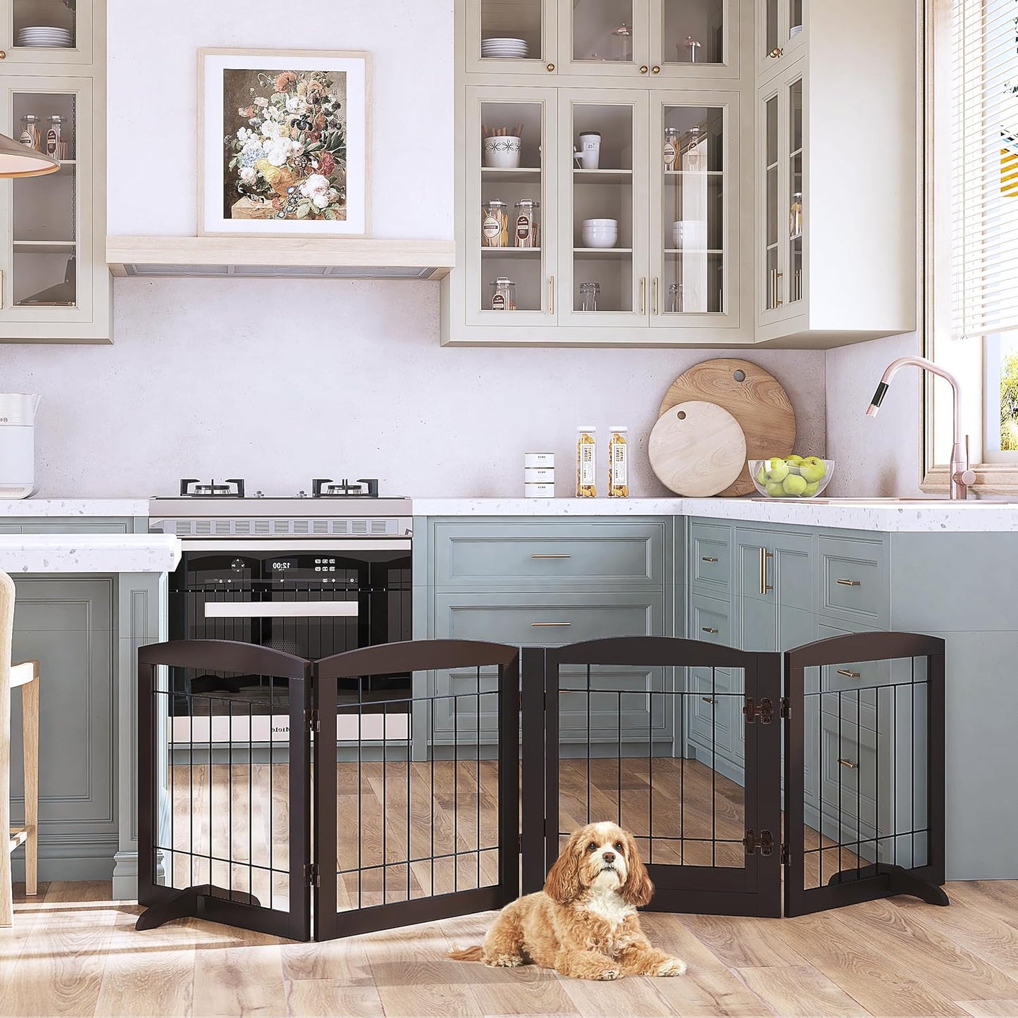 PAWLAND Freestanding Dog gate with Walk Through Door, Dog Gates for Doorways, The House, Stairs, 80" Wide Pet Puppy Safety Fence with Support Feet, 4 Panels, Espresso