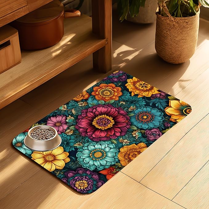 Vintage Floral Pet Feeding Mat-Quick Dry Absorbent Dog Cat Food Mat, Anti-Slip Water Bowl Mats for Messy Eaters-No Stains Indoor Pet Accessories 12"x20"