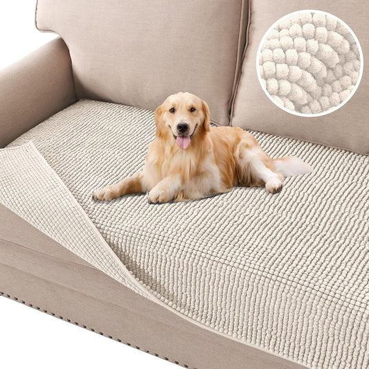H.VERSAILTEX Plush Chenille Dog Bed Cover Thick Soft Sofa Cover for 3 Cushion Couch Anti Slip Couch Cover Furniture Protector for Dog, Pet, Cat (35" x 82", Ivory)