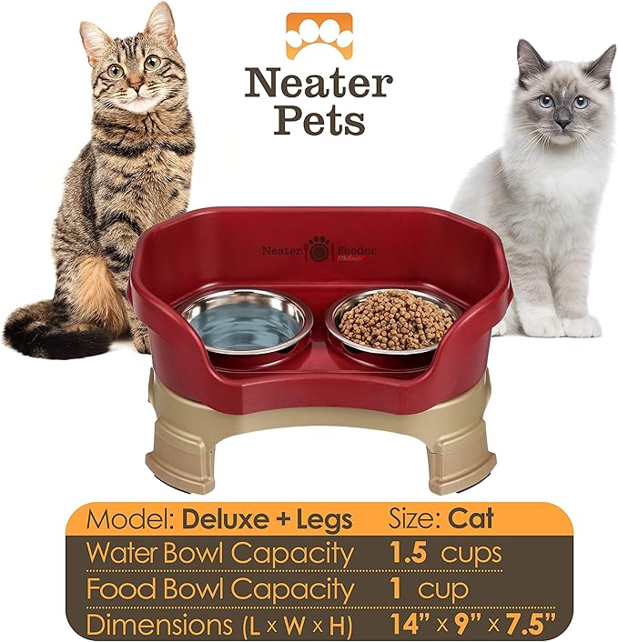 Neater Feeder Deluxe Mess Proof Cat Bowls Elevated for All Breeds – Made in USA – No Spill Raised Cat Bowls for Indoor Cats w/Leg Extensions – Stainless Steel Cat Food and Water Bowl Set - Red