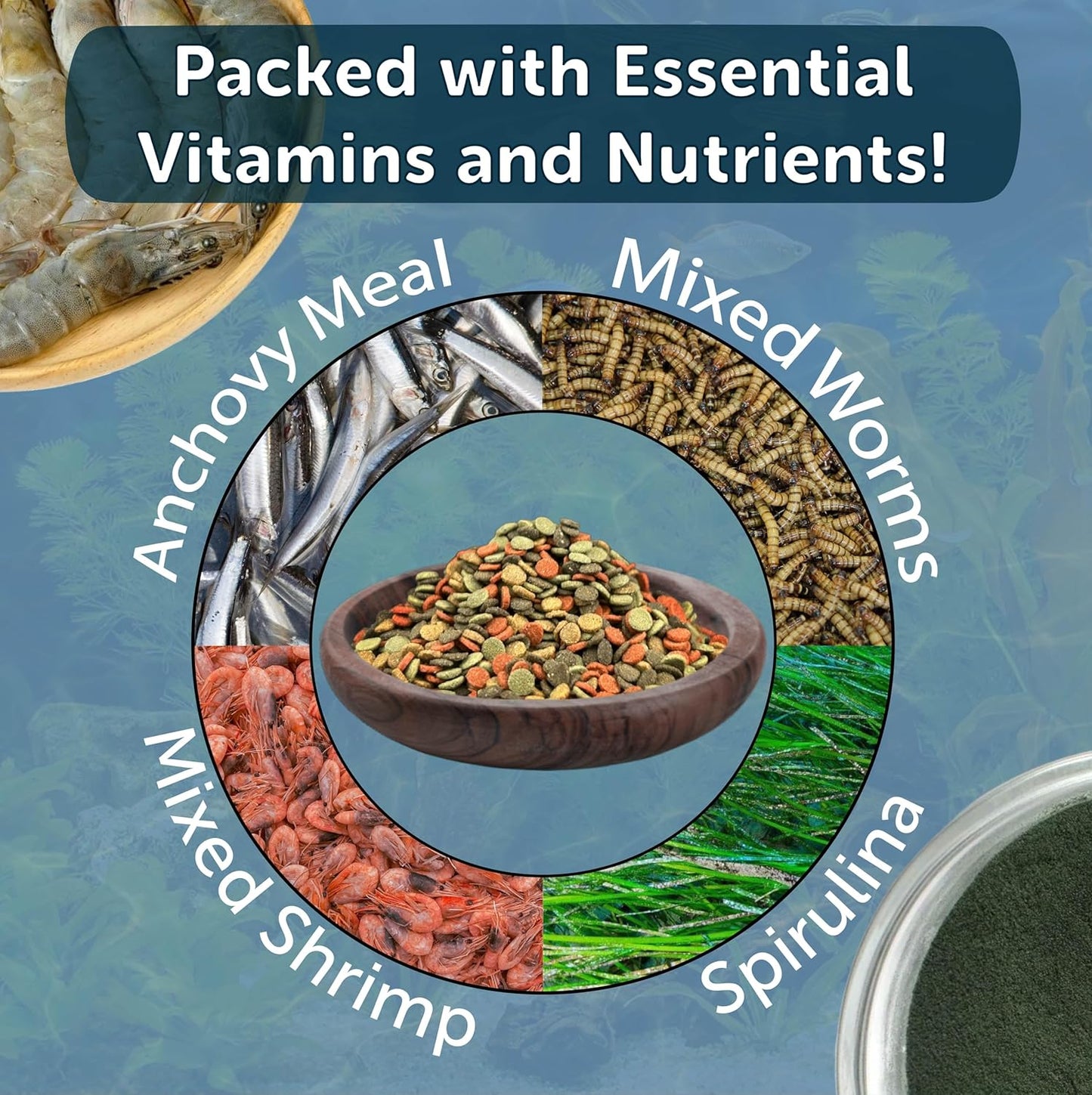 Aquatic Foods Inc. 4-Type 3.5mm - 1/8" Sinking Wafer Mix of Spirulina-Algae, Ultra-Worm, Ultra-Shrimp, Color Enhancing Wafers for Shrimp, Snails, Crabs, Crayfish, All Tropical Fish, 3.5mm..1-lb 4oz