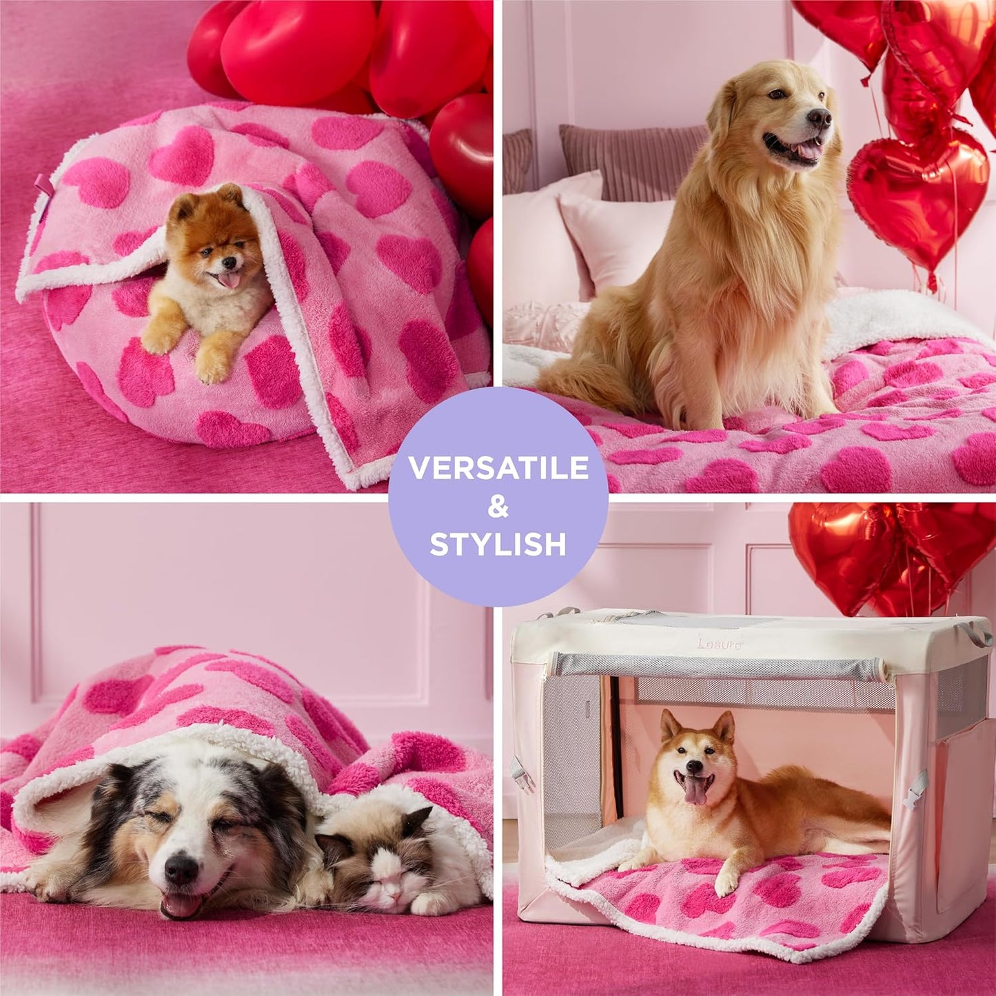 Lesure Waterproof Puppy Blanket for Small Dogs - Washable Double Sided Dog Blankets with Warm Jacquard Shag and Soft Sherpa Fleece, Pet Cat Blanket for Couch Protection, Love Pattern Design，Pink