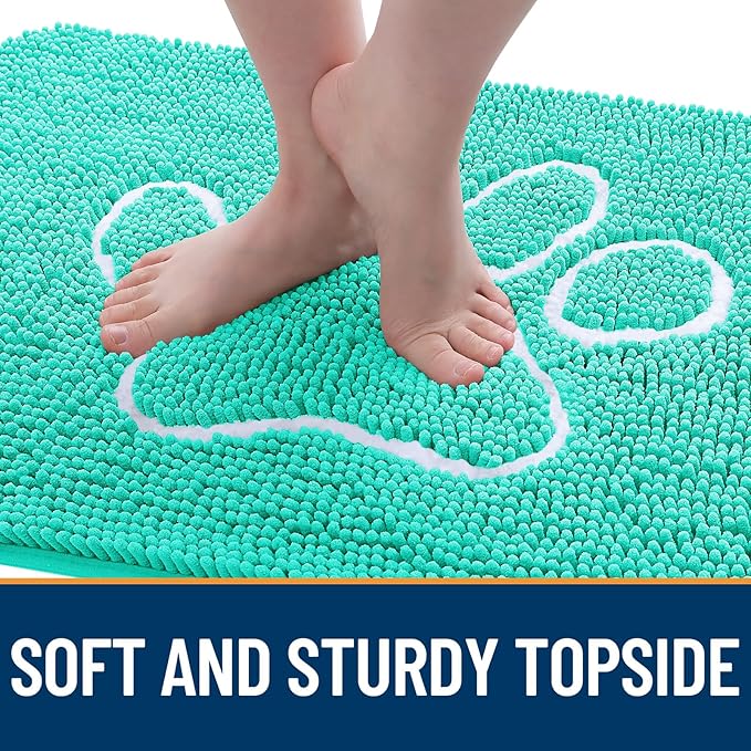 OLANLY Door Mat for Muddy Dog Paws 59x35, Ultra Absorbent Chenille Mud Doormat with Paw Print Design, Non-Slip Washable Doormat for Indoor Entryway, Quick-Dry Pet Bed Mats for Dirty Dogs, Teal