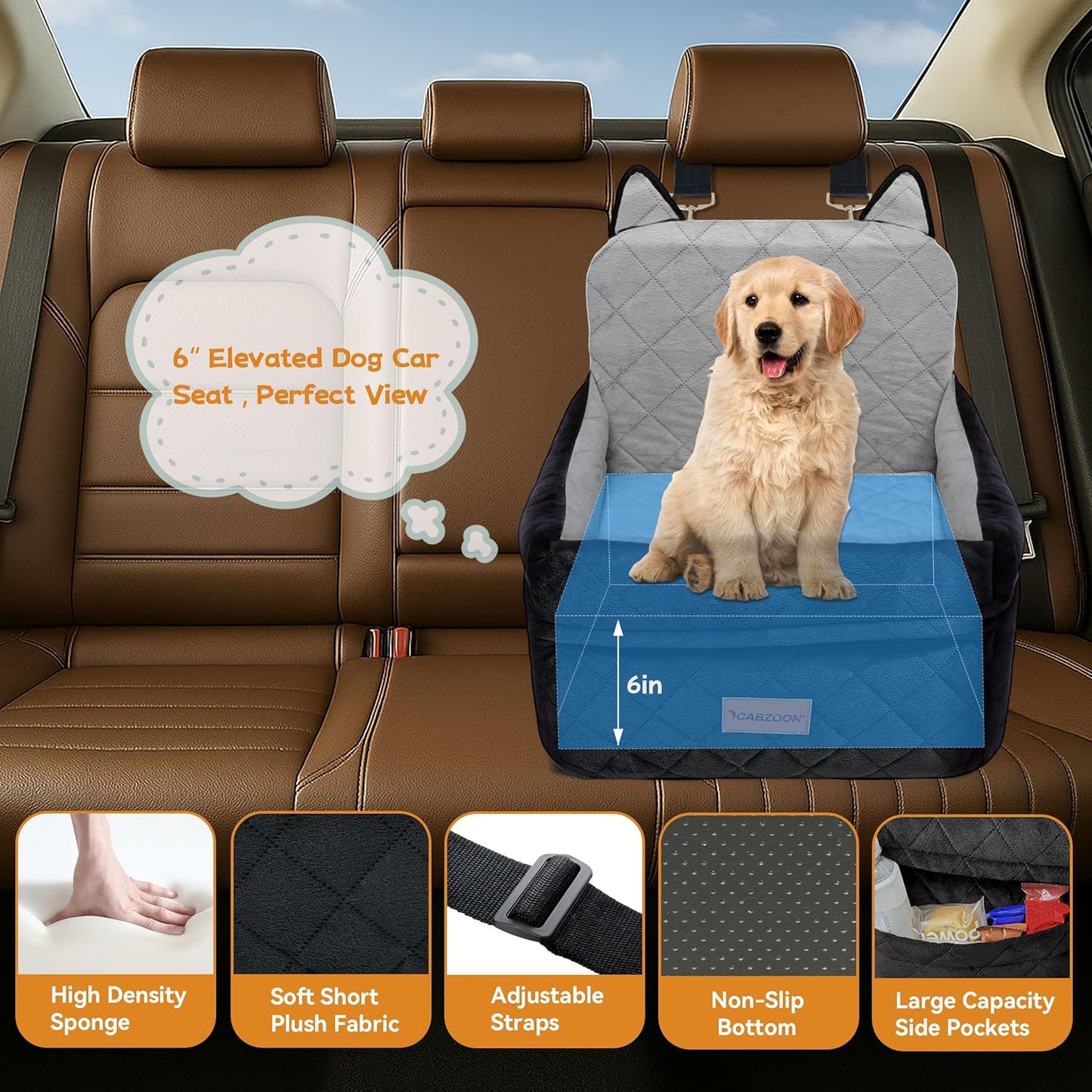 Dog Car Seat for Small/Medium Dogs Up to 35lbs,Elevated Cushion Fits in Front/Back Seat,Travel Safety Per Car Bed with Washable Removable Cover, Storage 2 Pockets Black-Grey