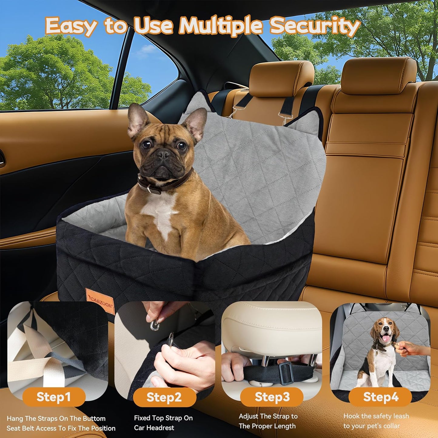 Dog Car Seat for Small/Medium Dogs Up to 35lbs,Elevated Cushion Fits in Front/Back Seat,Travel Safety Per Car Bed with Washable Removable Cover, Storage 2 Pockets Black-Grey