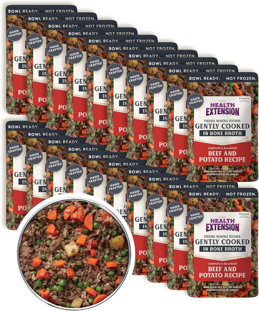 Health Extension Gently Cooked Beef & Potato Dog Food, Human-Grade and Shelf-Stable with Superfoods, Supports Digestion, Immunity, Skin & Coat, 3 oz Pouch (Pack of 20)