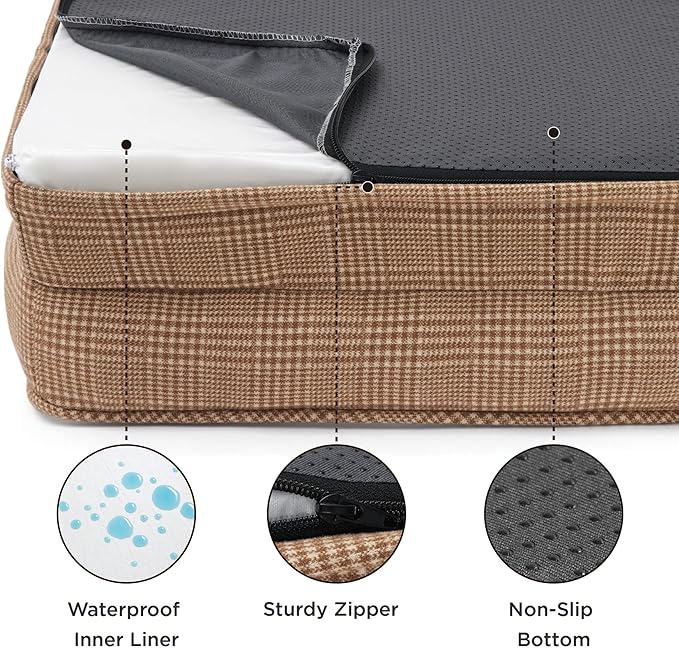 Bedsure Orthopedic Dog Beds Large Sized Dog - Washable Large Dog Cat Bed Waterproof, Comfort Dogs Couch Sofa with Washable Removable Cover, Pet Bed with Nonskid Bottom, Plaid-Brown, 35"