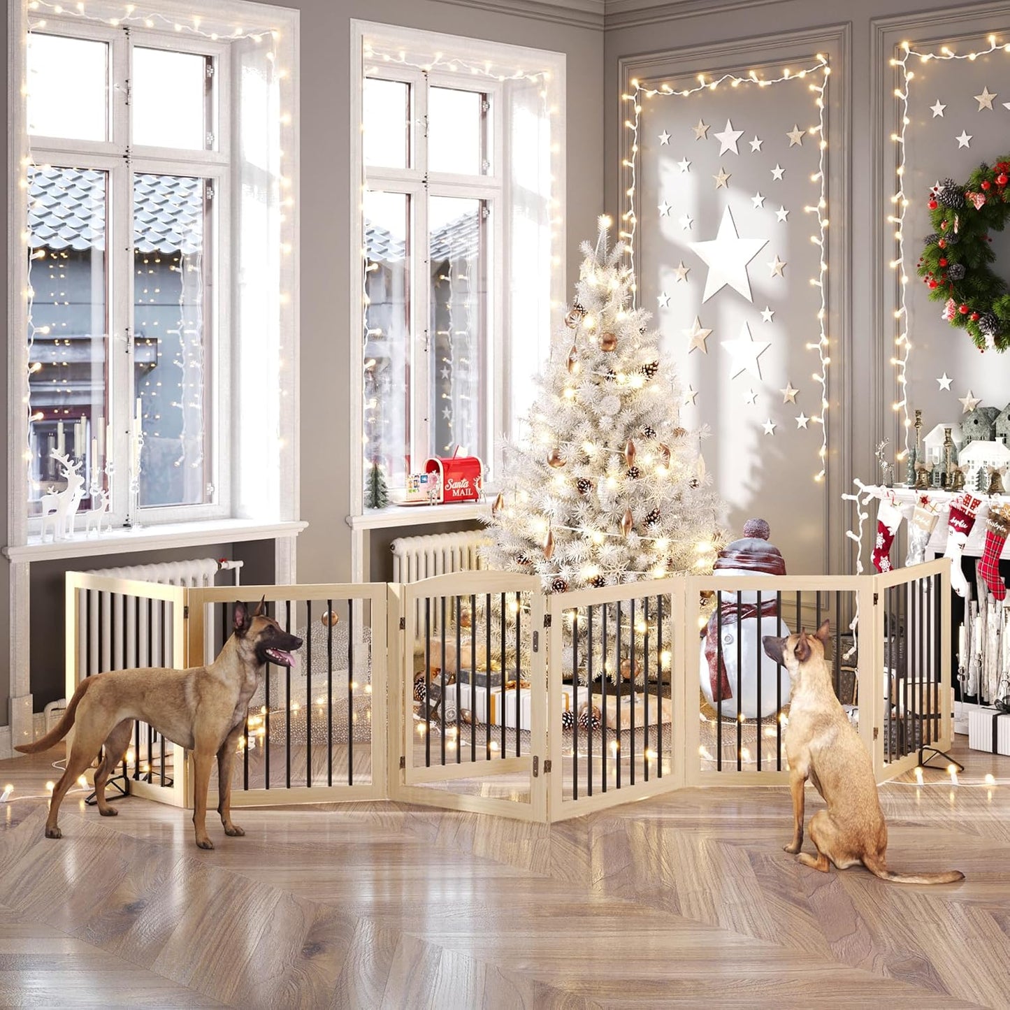 Vantas Folding Pet Gate 144" Wide, 30" Tall No-Assembly Wooden Dog Gate With Door Walk Through, Freestanding Puppy Safety Fence, 2PCS Support - Natural White