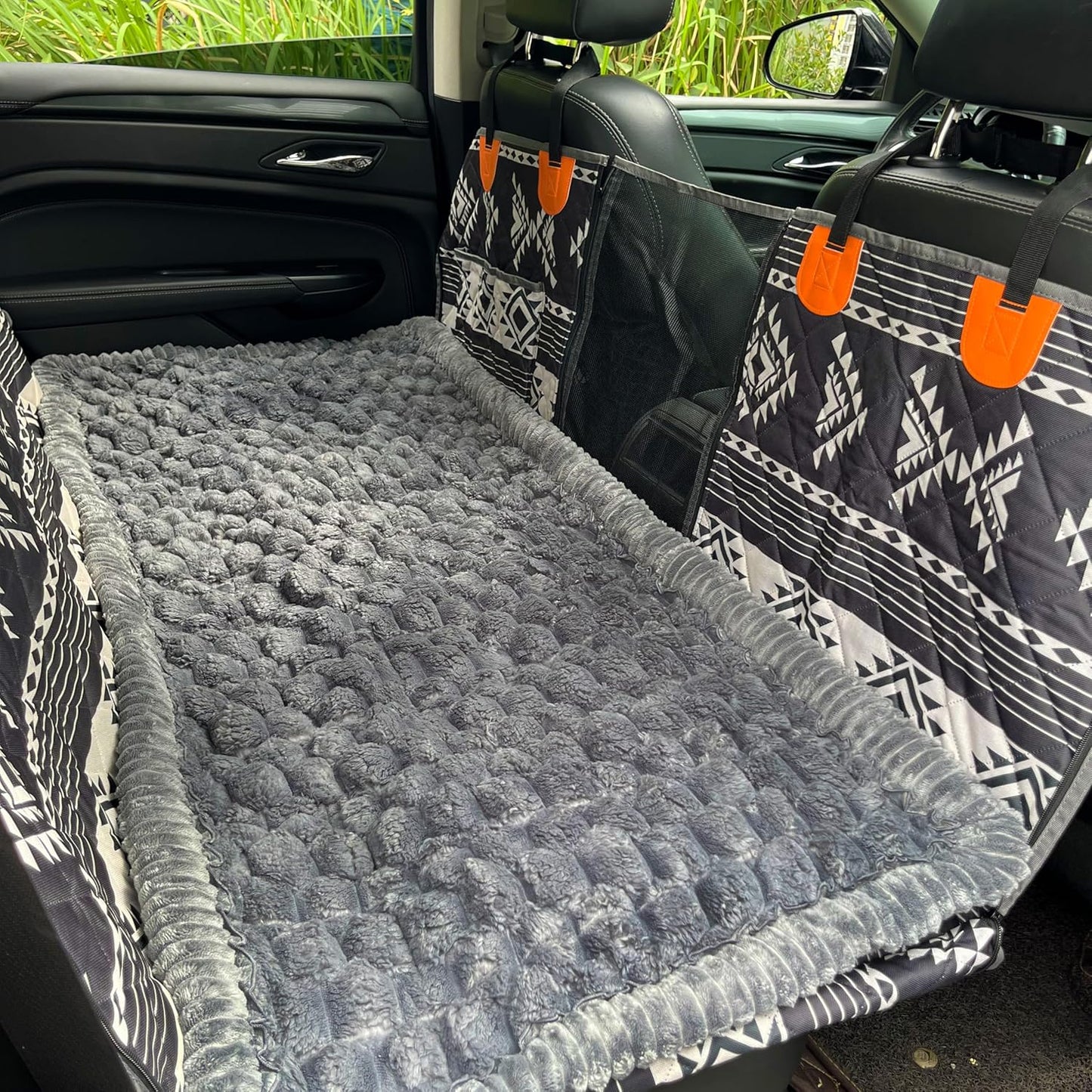 Dog Car Seat Cover for Back Seat, Big Dog Bed for Car, Suitable for Back Seat Extender for Dogs，Backseat Pet Bed Mat，Non-Slip Travel Pet Mat (Plaid Dark Gray, 24.8"x54")