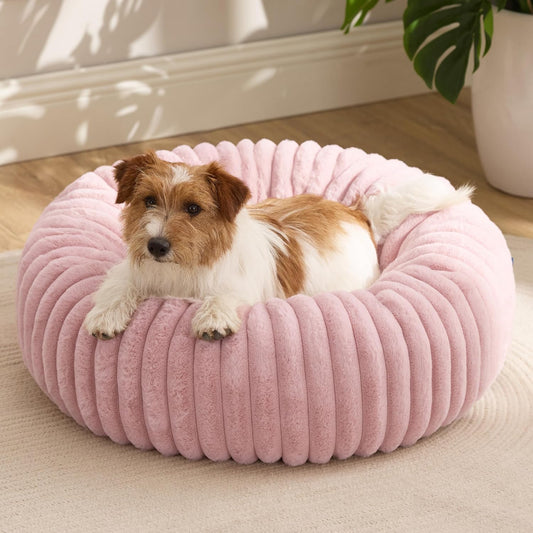 Bedsure Donut Small Dog Bed - Dog Beds for Small Dogs with Corduroy Fleece & Anti Slip Bottom, Round Faux Fur Pet Beds with Washable Removable Cover, Blush Pink, 27x27x8 inches